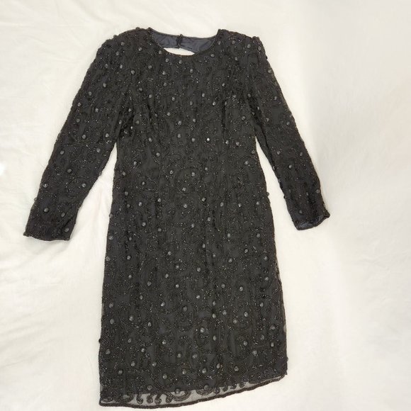 Vintage JOAN LESLIE Hollywood-Fairy-Tale Beaded Black Silk Sheath Dress Size 10. - Picture 8 of 16
